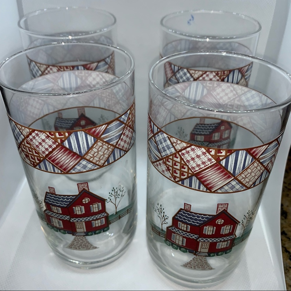 4- Vintage Libbey Home Sweet Home Tumblers & Quilted Trim Drinking Glasses 16oz